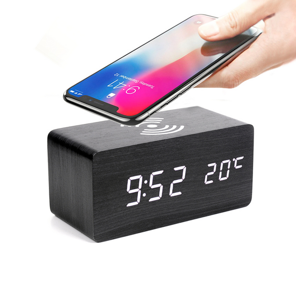 Многофункциональные часы - погодная станция с беспроводной зарядкой черные