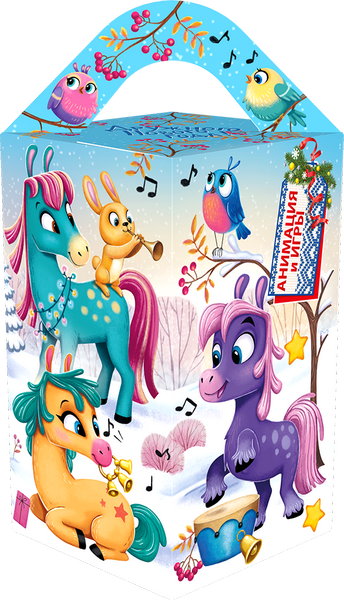 Новогодний подарок Картон Хром-эрзац Четырехгранка Озорные пони 700 г