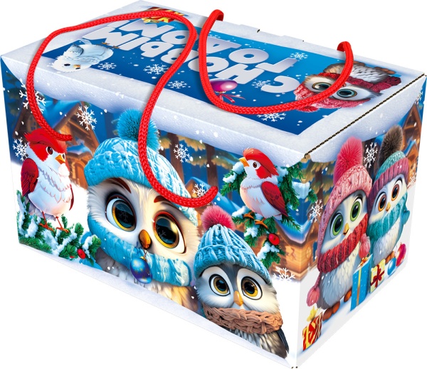 Новогодний подарок Картон МГК Посылка Совята с веревочными ручками 1000 г
